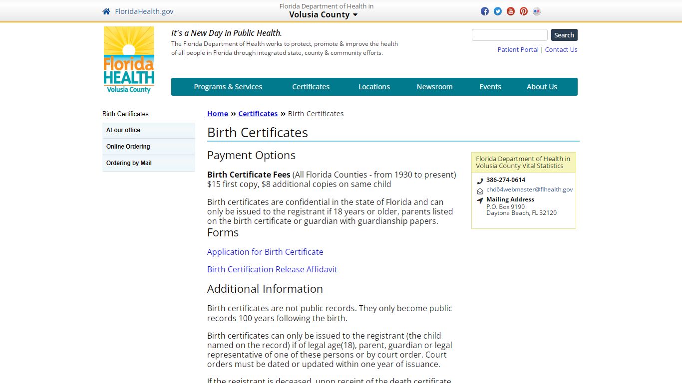 Birth Certificates | Florida Department of Health in Volusia